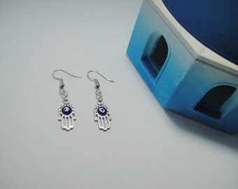 Tibetan Silver Hamsa Hand,Red Diamante,925 Sterling Silver Hook Earrings