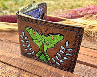 Luna Moth Leather Wallet, Hand Tooled Billfold, Leather Bifold Wallet, Full Grain Leather, Hand Stitched & Painted, Moth Art, Personalized