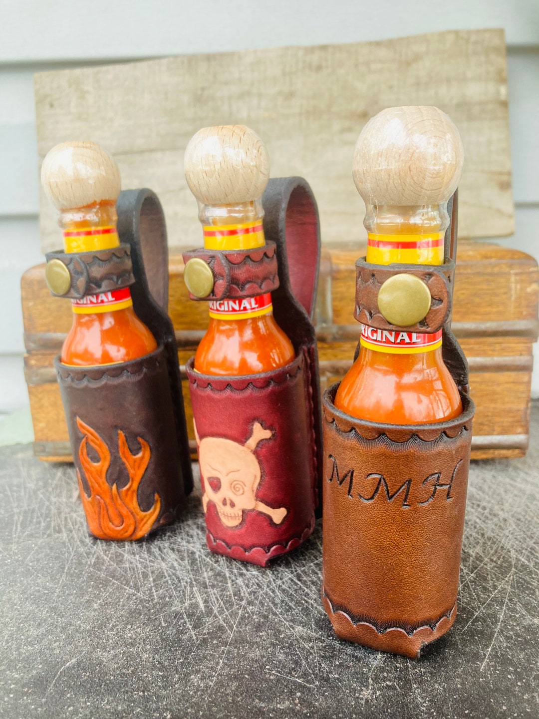 Hot Sauce Holder, Holster, Leather Belt Pouch, Personalized Hot Sauce Holster, Initials, Hand
