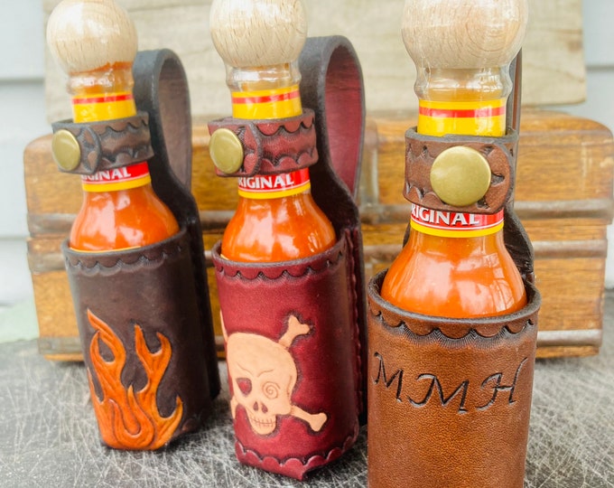 Hot Sauce Holder, Holster, Leather Belt Pouch, Personalized Hot Sauce