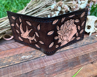 American Traditional Tattoo Style Leather Wallet, Hand Tooled Billfold, Leather Bifold Wallet, Full Grain Leather, Hand Stitched Hand Carved