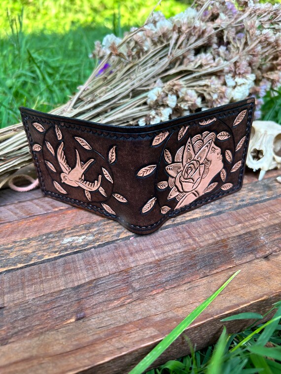 American Traditional Tattoo Style Leather Wallet, Hand Tooled Billfold, Leather Bifold Wallet, Full Grain Leather, Hand Stitched Hand Carved