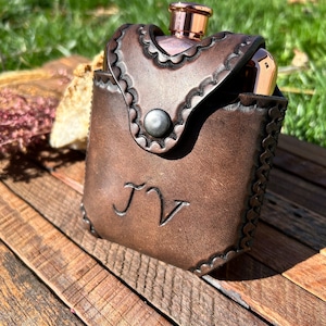 Copper Flask with Hand Tooled Leather Sheath, Personalized Initials, Hand Stitched Leather Flask Holder, Belt Flask, Hip Flask, Men’s Gift.