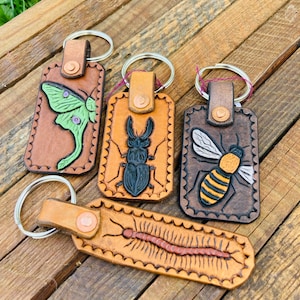 Leather Luna Moth Keychain, Stag Beetle, Honeybee, Centipede, Hand Tooled Leather Keychain, Key Fob, Insect Art, Hand Painted, Gift Idea