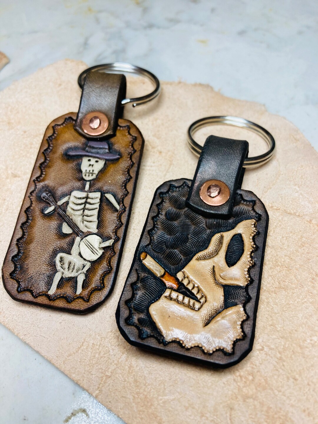 Hand Tooled Leather Keychain Skull Skeleton Bones Banjo Etsy