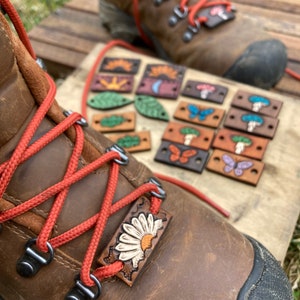 Leather Boot Charms, Boot Accessories, Shoelace, Lacelets, Hiking Accessories, jewelry, Mushroom Art, Daisy, Sunflower, Barrett, Amanita Tag