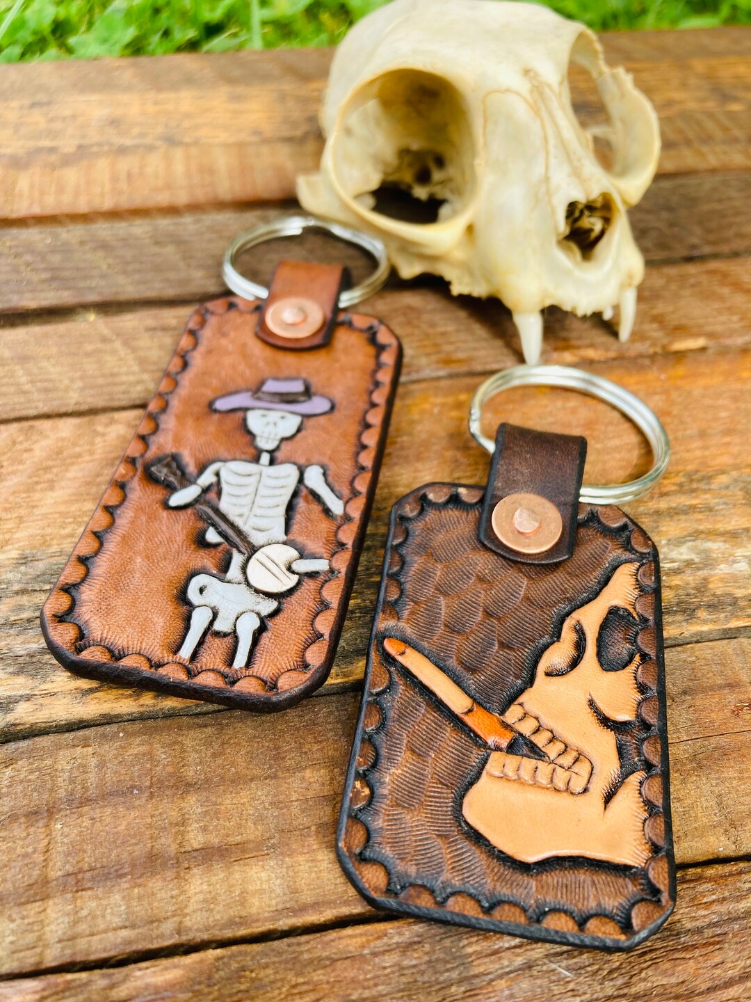 Hand Tooled Leather Keychain, Skull, Skeleton, Bones, Banjo Keychain