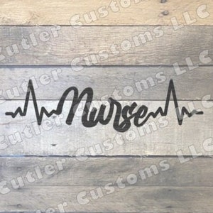 May include: Black and white graphic design of a stylised heartbeat with the word "Nurse" in a cursive font.