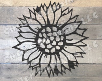May include: Black and white silhouette of a sunflower on a woodgrain background.