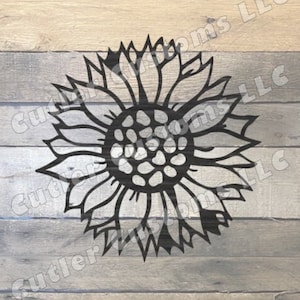 May include: Black and white silhouette of a sunflower against a woodgrain background.