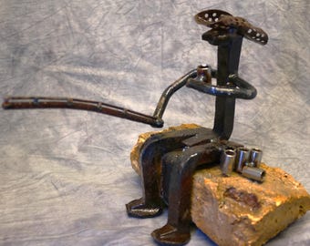 Scrap Metal Art Fisherman / Fishing / Upcycled Art / Recycled / Gifts for Him