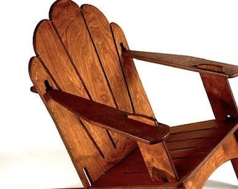 May include: A wooden adirondack chair with a unique scalloped back design. The chair is made of natural wood with a reddish-brown finish.