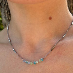 adjustable choker necklace in silver stainless steel and blue glass beads handmade
