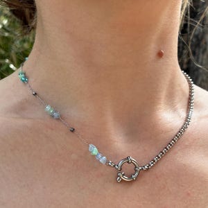 adjustable choker necklace in silver stainless steel and blue glass beads handmade