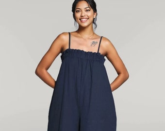 Linen Wide Leg Jumpsuit, Dungarees Romper with Loose Pants, Women's Casual Linen Overalls, Summer Wear