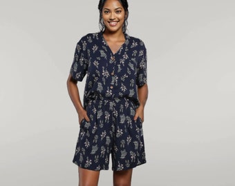 Ensembles pour femme, Ensemble de vêtements pour femme, Ensemble pyjama pour femme, Ensemble de détente, Short deux pièces et ensemble boutonné, Ensemble bleu à imprimé floral