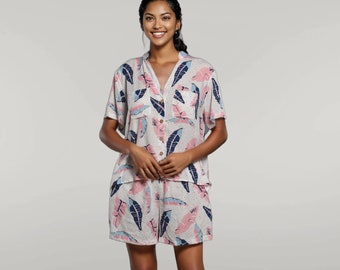 Printed Loungewear Set, Women Pajama Set, Feather Print set, Casual Two-piece Suit, Bridesmaid Sleepwear, Summer Cotton Top and Shorts Set