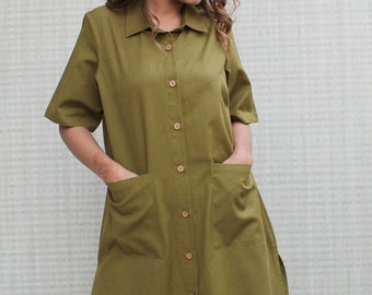 Long Shirt Dress with side slits, Midi Button down Patch pocket Linen Dress, Casual streetwear relax fit Tunic Shirt, Ready to Ship, Sale