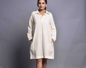 Women's Linen Shirt Dress, Long Sleeve Loose Fit Tunic with Collar, Casual Knee Length Linen Dress
