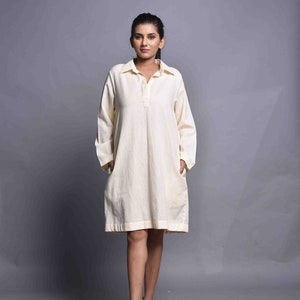 Long sleeves Short Tunic Dress, Linen Collared Knee Length Dress, Placket with no Buttons, New2Style,