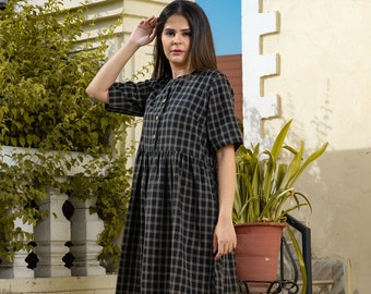 Checkered Knee Length High Neckline  Linen Dress, Vintage Cottagecore Work Dress With Pockets, Black Linen Button Up Half Sleeves Tunic