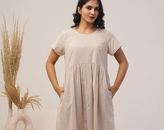 Striped  Linen Tea Dress, Short Sleeves Boat Neck Dress, Smock Linen Dress, Linen Midi Dress With Pockets, Linen tunic dress, Summer dress