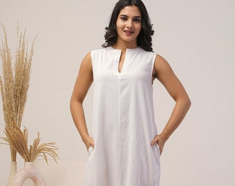 White Linen Shift Dress, Split Neck Classic Midi Dress, Versatile Summer A-line dress, Comfy Sleeveless Work Dress, Minimal Gift For Friend