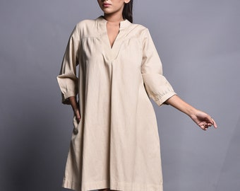 V- Neck Knee Length Linen Tunic Dress With Pockets, Linen Dress, Loose Linen Dress, Plus Size Dress