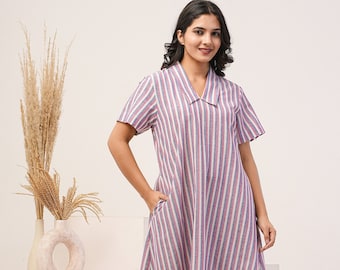 Striped Linen Tunic Dress with Collar, Relaxed Fit Summer Midi Dress, Handmade Linen Clothing, Short Sleeve Casual Linen Dress with Pockets