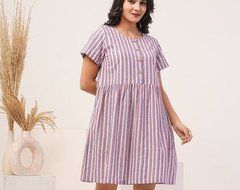 Striped Linen Dress, Knee Length Half Sleeves Comfortable Sunchaser Midi Linen , Nursing Dress, Minimal Classic Button Up Pocket Dress