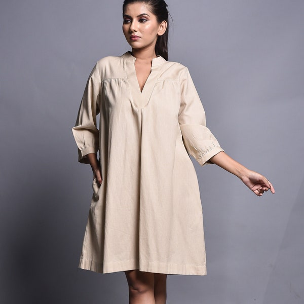 V- Neck Knee Length Linen Tunic Dress With Pockets, Linen Dress, Loose Linen Dress, Plus Size Dress