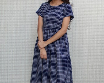 Checkered Linen Tea Dress, Short Sleeves Boat Neck Line Smock Linen Dress, Linen Midi Dress With Pockets, Sustainable Soft Organic Clothing