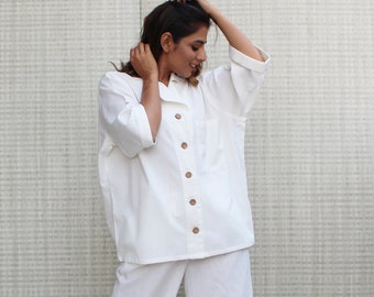 White Linen Set for Women, Relaxed Shirt and Wide Leg Pants, Minimalist Two Piece Outfit, Sustainable Linen Co-Ord, Casual Matching Set