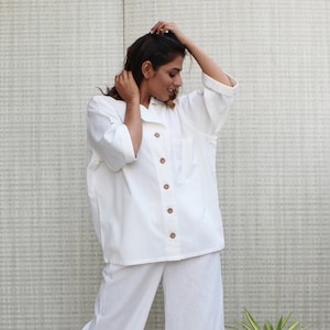 White Linen Set for Women, Relaxed Shirt and Wide Leg Pants, Minimalist Two Piece Outfit, Sustainable Linen Co-Ord, Casual Matching Set