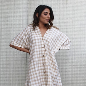 Knee Length Drop Shoulder Linen Shirt Dress, Loose Summer Button Down Tunic Top , Loungewear Comfortable Maternity Dress, Nursing Blouse