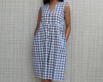 Sleeveless Smock Linen V-Neck Dress, Functional Button Up Dress, Linen Tunic Dress, Checkered Summer Linen Dress, Made To Order Just for You