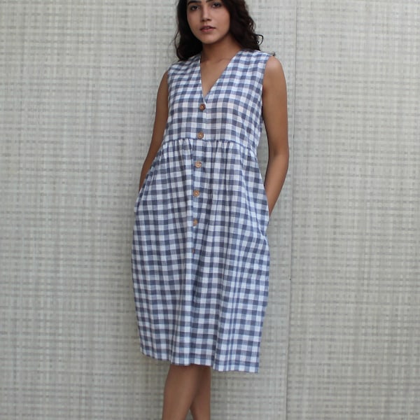 Sleeveless Smock Linen V-Neck Dress, Functional Button Up Dress, Linen Tunic Dress, Checkered Summer Linen Dress, Made To Order Just for You