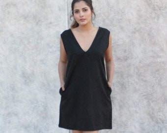 Black Deep V Neck Short Dress, Sleeveless Linen Tunic, Midi Linen Tunic, Custom Made