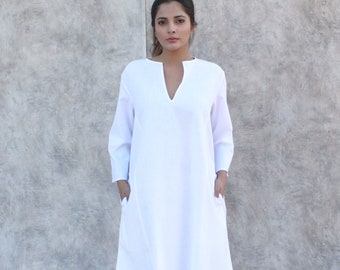 blue white linen dress