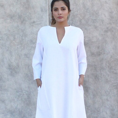 v neck linen shift dress