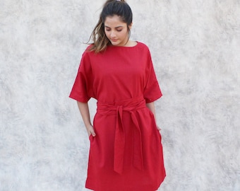 Red Dress, Linen dress with belt, Oversized linen dress, Linen loungewear, plus size linen summer dresses, soft linen dresses