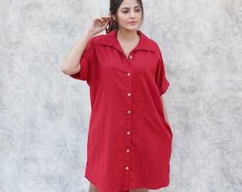 Linen Shirt Dress, Red Linen Dress, Loose Oversized Shirt Dress, Long Shirt for Women, Linen Button Down Shirt, Organic Summer Clothes