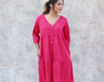 V Neck Layered Tunic Linen Dress, Loose Ruffle Maxi Dress, Button Up Dress, Summer Soft Comfortable Dress