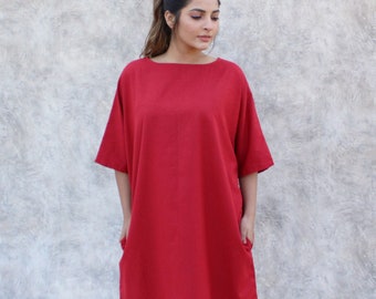 Knee Length Linen Dress, Simple Linen Dress, Loose Oversized Dress, Boat Neck Tunic Dress, Drop Shoulder Sleeves Linen Dress, Gift for mom