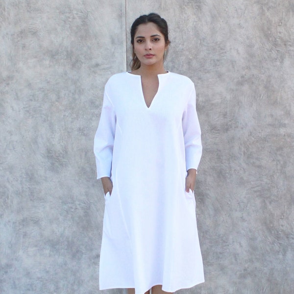 White Linen Shift Dress, Split Neck Classic Linen Midi Dress, Versatile Summer A-line dress, Comfy Linen Work Dress, Minimal Gift For Friend