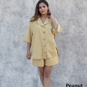 Peanut Linen Set for Women, 2 Piece Linen Outfit with Shirt and Shorts, Summer Co-ord Set, Relaxed Fit Linen Clothing, linen weekend set