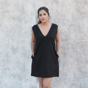 Black Deep V Neck Short Dress, Sleeveless Linen Tunic, Midi Linen Tunic, Custom Made