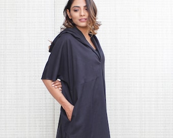 Hoodie dress with pockets, Natural loose linen Tunic, Linen Shirt Dress, Long Kurta with Pockets, women linendress