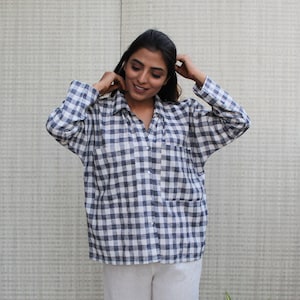 Women’s Oversized Linen Shirt, Checkered Linen Blouse, Casual Button Down Shirt, Relaxed Fit Linen Top, Sustainable Clothing, Gift for Mom