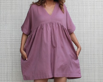 Minimalist Cotton Linen Mini Dress for Women, Half Sleeve V Neck Dress with Pockets, Casual Loose Fit Everyday Dress